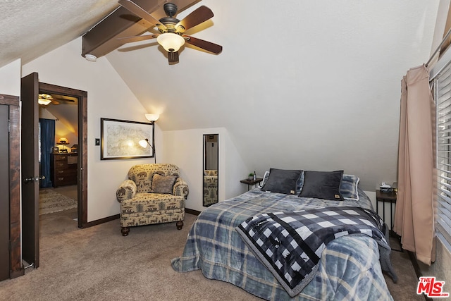 bedroom featuring ceiling fan, carpet flooring, and vaulted ceiling with beams