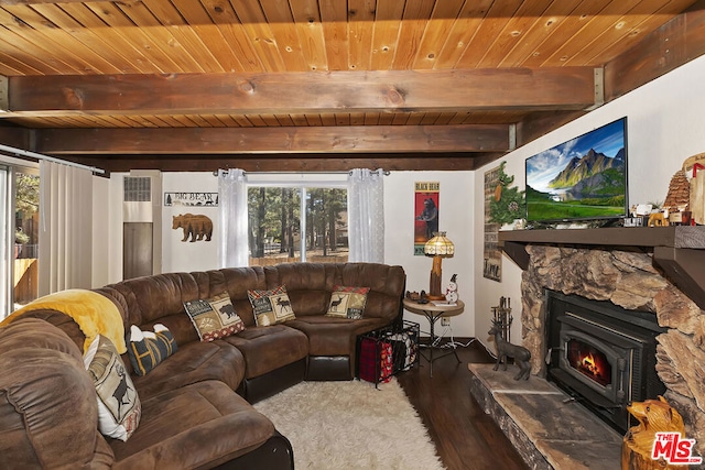 living room featuring wood ceiling and beam ceiling