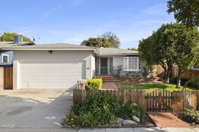 single story home with a garage, central AC, and a front lawn