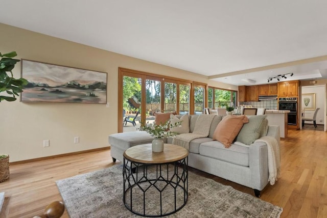 living room with rail lighting and light wood-type flooring