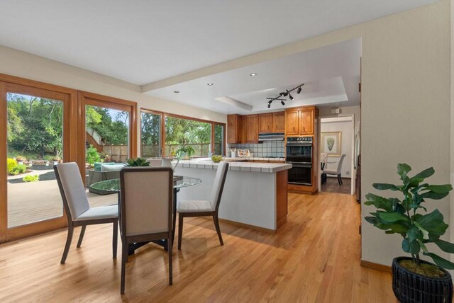 dining room featuring a tray ceiling, rail lighting, and light wood-type flooring