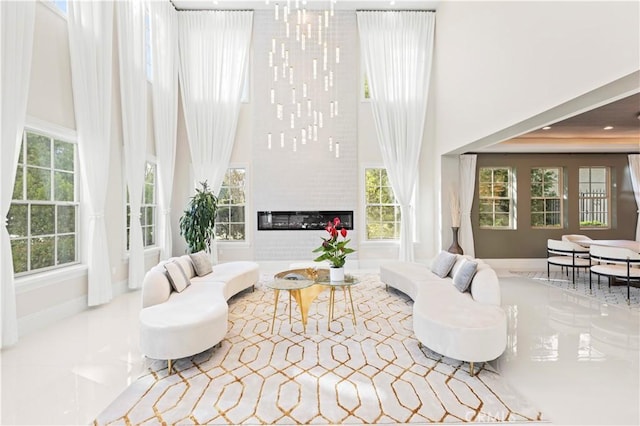 living room with a high ceiling