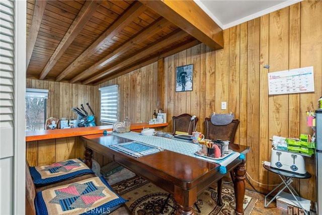 home office featuring wooden walls, wood ceiling, and beam ceiling