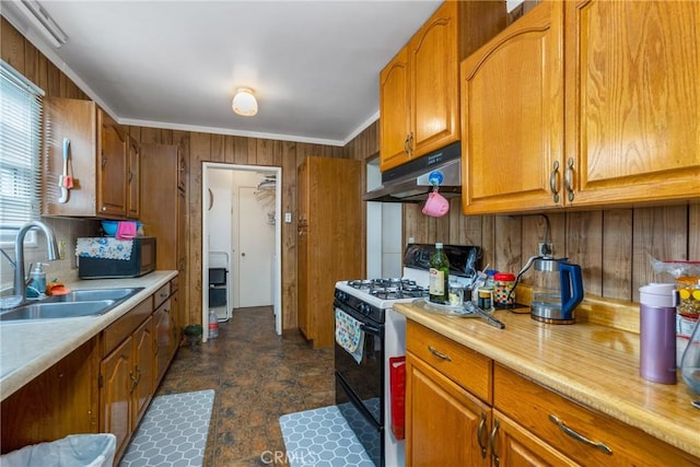 kitchen featuring wood walls, sink, and black appliances