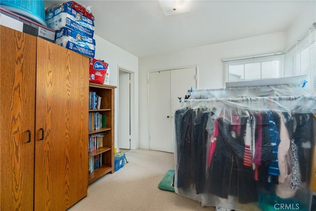 walk in closet featuring light colored carpet