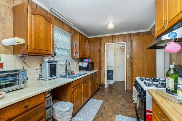 kitchen with tasteful backsplash, ornamental molding, sink, and range with gas cooktop