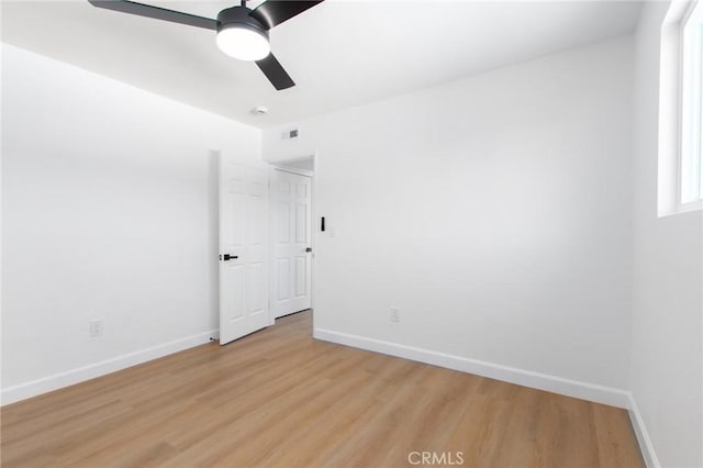 empty room featuring ceiling fan and light hardwood / wood-style flooring