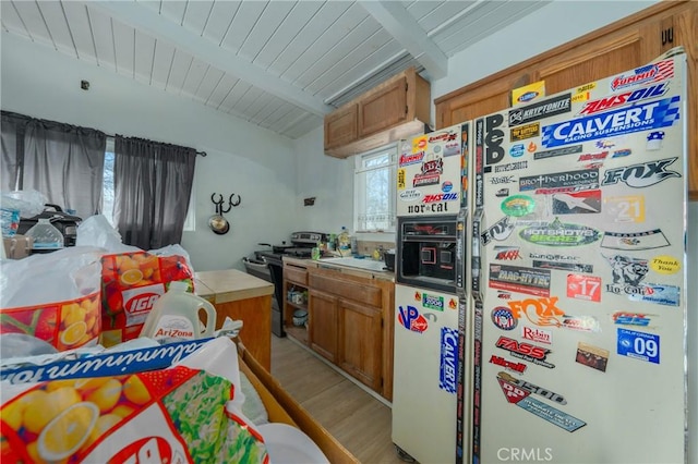 kitchen featuring wood ceiling, light hardwood / wood-style flooring, tile counters, electric stove, and white refrigerator with ice dispenser