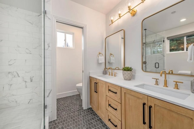 bathroom with vanity, an enclosed shower, and toilet