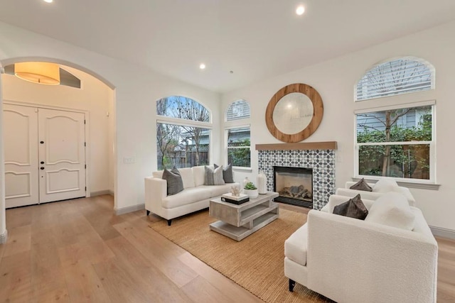 living room featuring a fireplace and light hardwood / wood-style floors