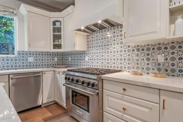 kitchen with white cabinetry, appliances with stainless steel finishes, premium range hood, and decorative backsplash