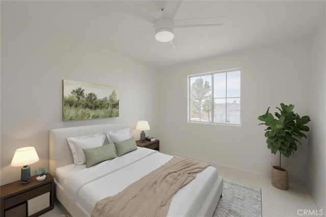 bedroom featuring light carpet and ceiling fan