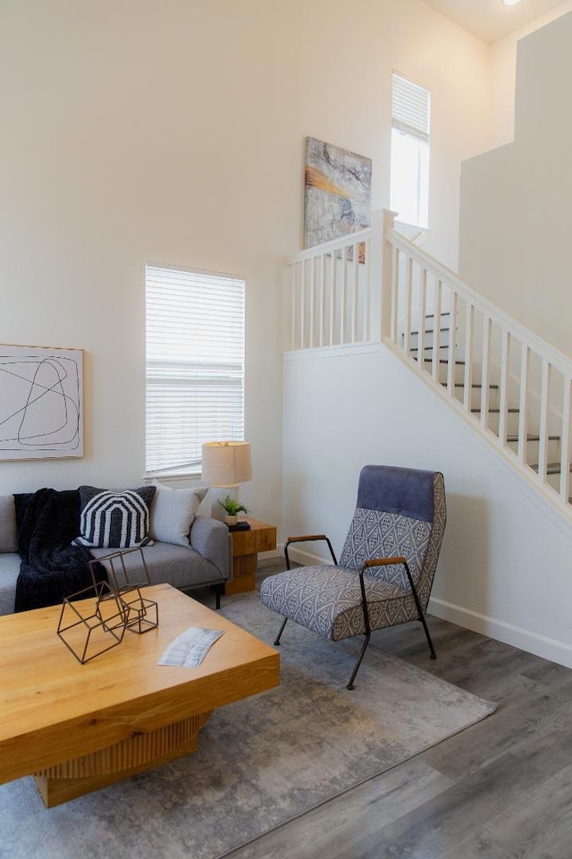 living room featuring hardwood / wood-style flooring, a towering ceiling, and plenty of natural light