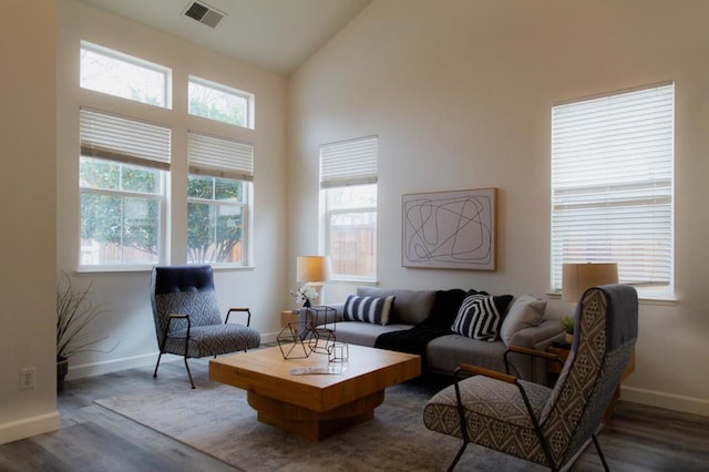 living room featuring dark wood-type flooring and high vaulted ceiling