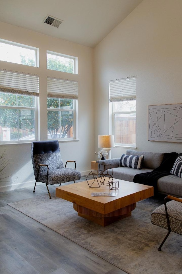 living room featuring wood-type flooring, high vaulted ceiling, and plenty of natural light