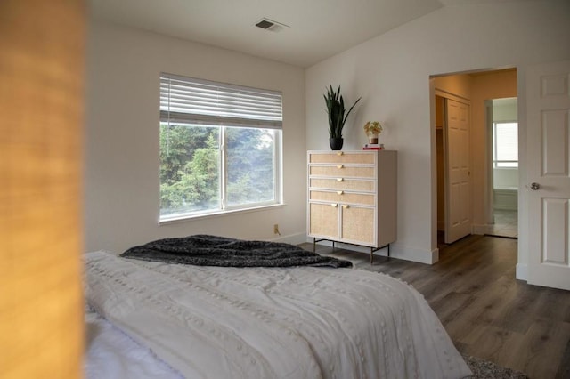 bedroom with lofted ceiling and dark wood-type flooring