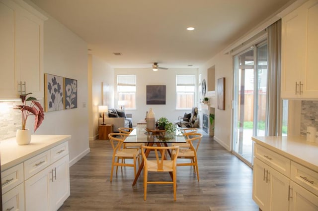 dining area with ceiling fan and dark hardwood / wood-style flooring