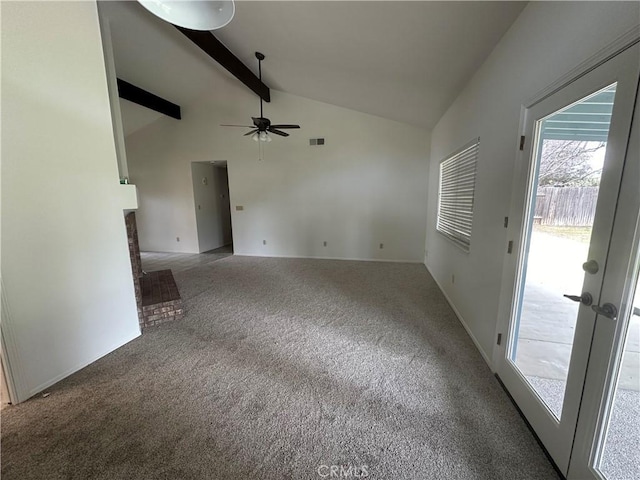 unfurnished room with carpet flooring, high vaulted ceiling, visible vents, beamed ceiling, and ceiling fan