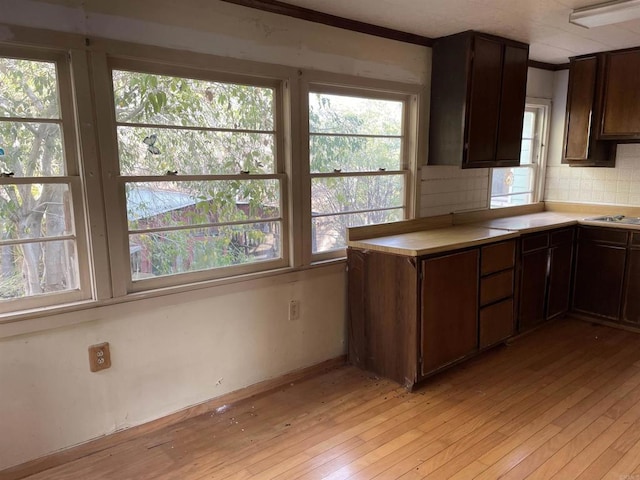 kitchen with a wealth of natural light, backsplash, dark brown cabinetry, and light hardwood / wood-style floors