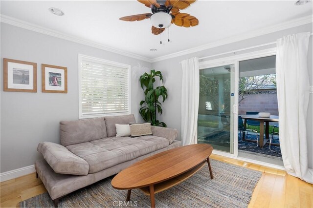 3140 Sumatra Pl, Costa Mesa, CA 92626 - living room with a ceiling fan, wood finished floors, crown molding, and baseboards