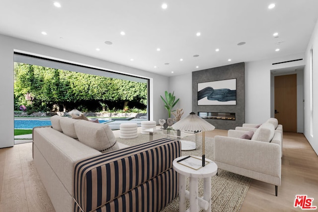 living room with plenty of natural light, a large fireplace, and light hardwood / wood-style flooring