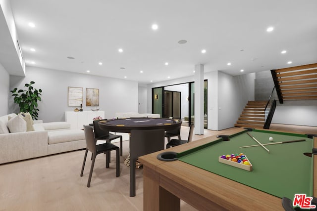 rec room featuring billiards and light wood-type flooring