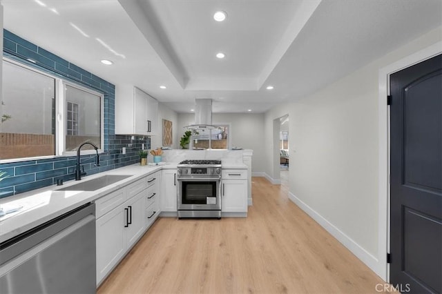 kitchen featuring a raised ceiling, white cabinetry, appliances with stainless steel finishes, and sink