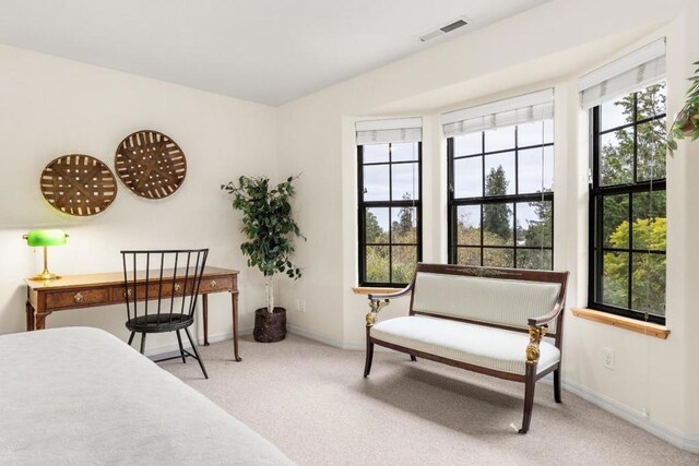 bedroom featuring light carpet