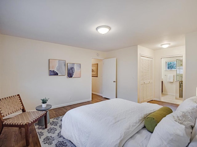 bedroom featuring hardwood / wood-style flooring, ensuite bathroom, and a closet