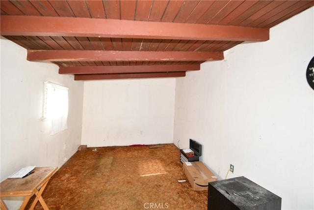 interior space featuring wood ceiling and beam ceiling