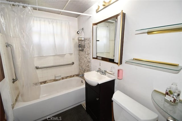 full bathroom with vanity, toilet, and shower / bath combo with shower curtain