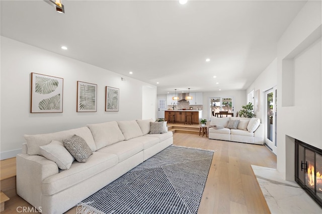 living room with a high end fireplace and light hardwood / wood-style flooring