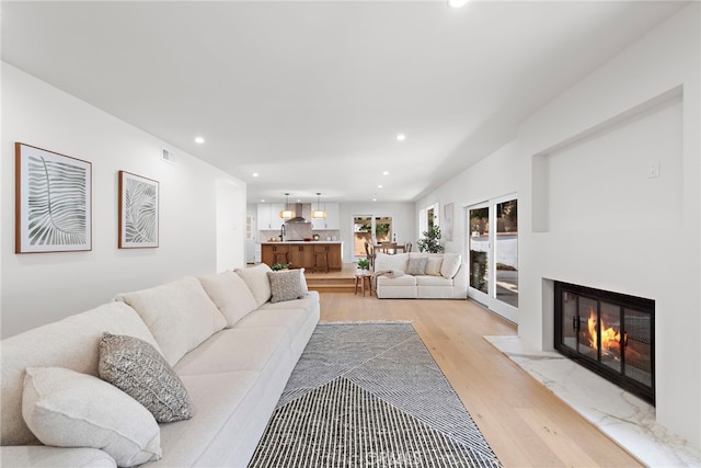 living room featuring light hardwood / wood-style flooring and a fireplace