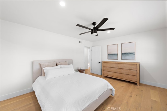 bedroom with hardwood / wood-style flooring and ceiling fan