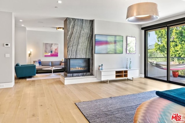 living room with a multi sided fireplace and light wood-type flooring