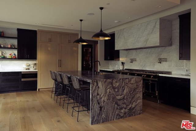 kitchen featuring gas stove, sink, a kitchen island with sink, and light hardwood / wood-style flooring