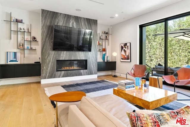 living room featuring a large fireplace and light hardwood / wood-style floors