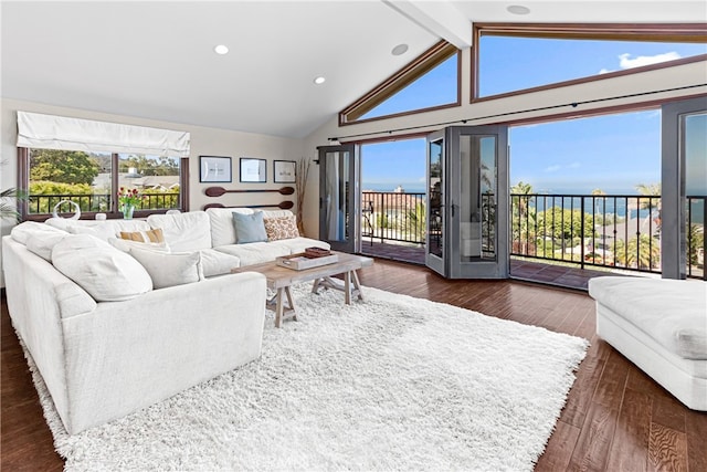 living room featuring beam ceiling, dark wood-type flooring, plenty of natural light, and a water view