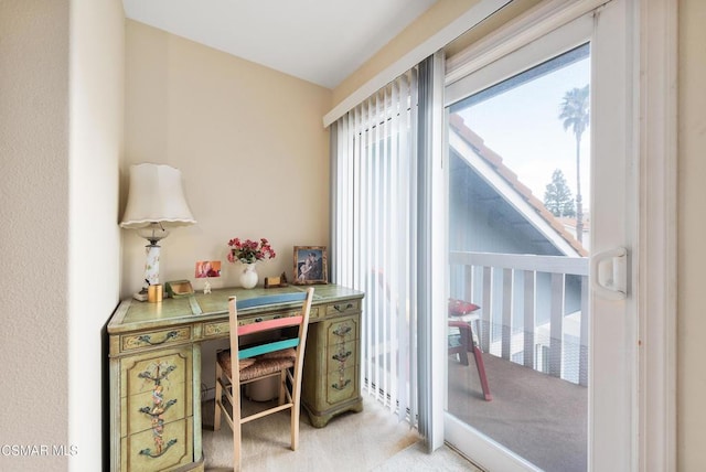 home office featuring light carpet