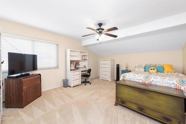 carpeted bedroom featuring ceiling fan and lofted ceiling with beams