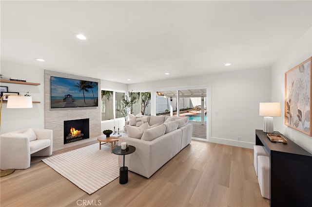 living room featuring a fireplace and light wood-type flooring