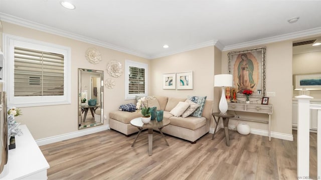 living area featuring crown molding and wood-type flooring