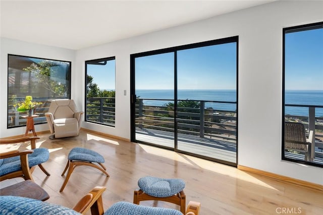 interior space featuring light wood-type flooring and a water view