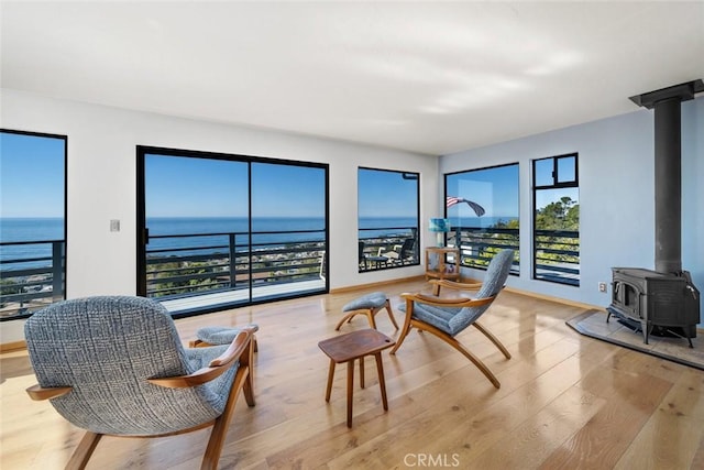 living area featuring a water view, a wood stove, and light wood-type flooring