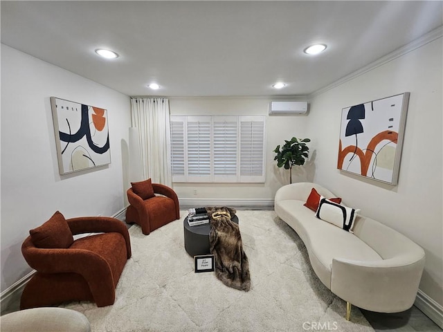 carpeted living room featuring a wall mounted AC