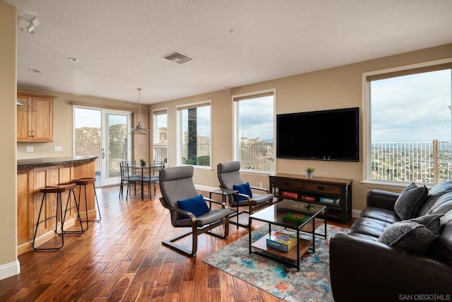 living room with dark wood-type flooring