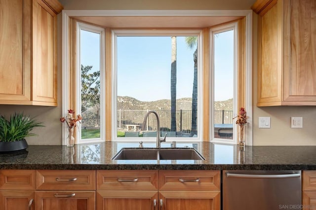 kitchen with a mountain view, sink, stainless steel dishwasher, and dark stone counters