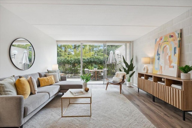 living room with hardwood / wood-style flooring and floor to ceiling windows