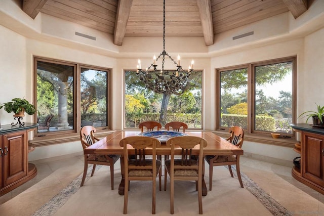 dining area featuring an inviting chandelier, wood ceiling, and beamed ceiling