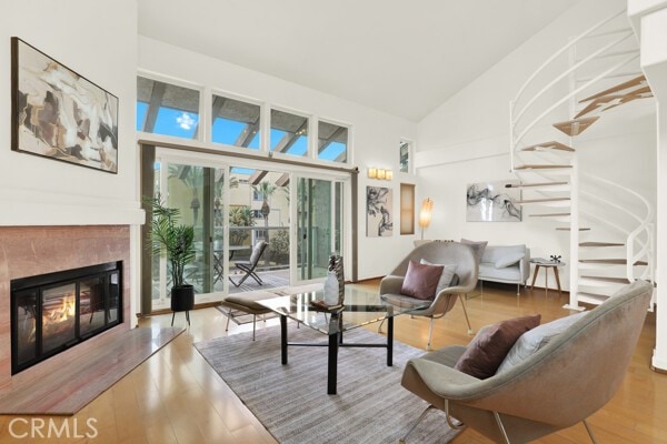 living area with wood-type flooring, high vaulted ceiling, and a high end fireplace